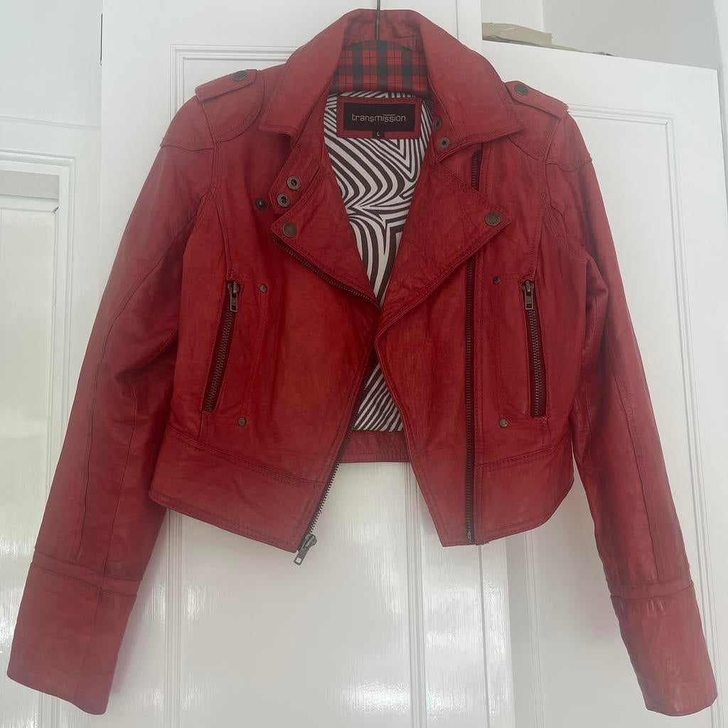 Leren jack-Transmission-%rood leer-biker model-maat L/40, Maat 38/40 (M), Ophalen of Verzenden, Zo goed als nieuw, Jasje