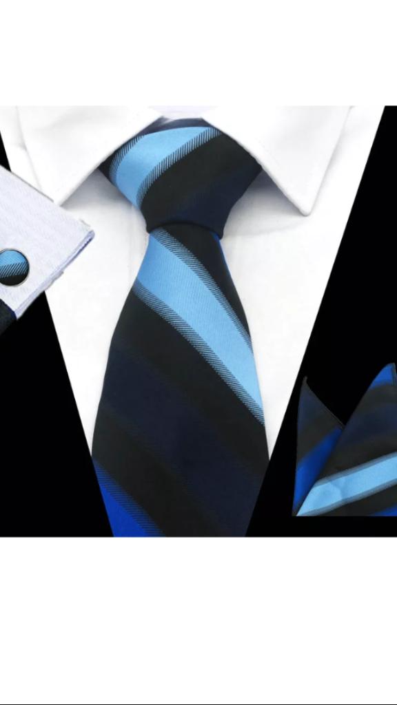 100% zijde Stropdas Pochet Manchetknopen Blauw Zwart -NIEUW-, Ophalen of Verzenden, Nieuw, Blauw, Met patroon