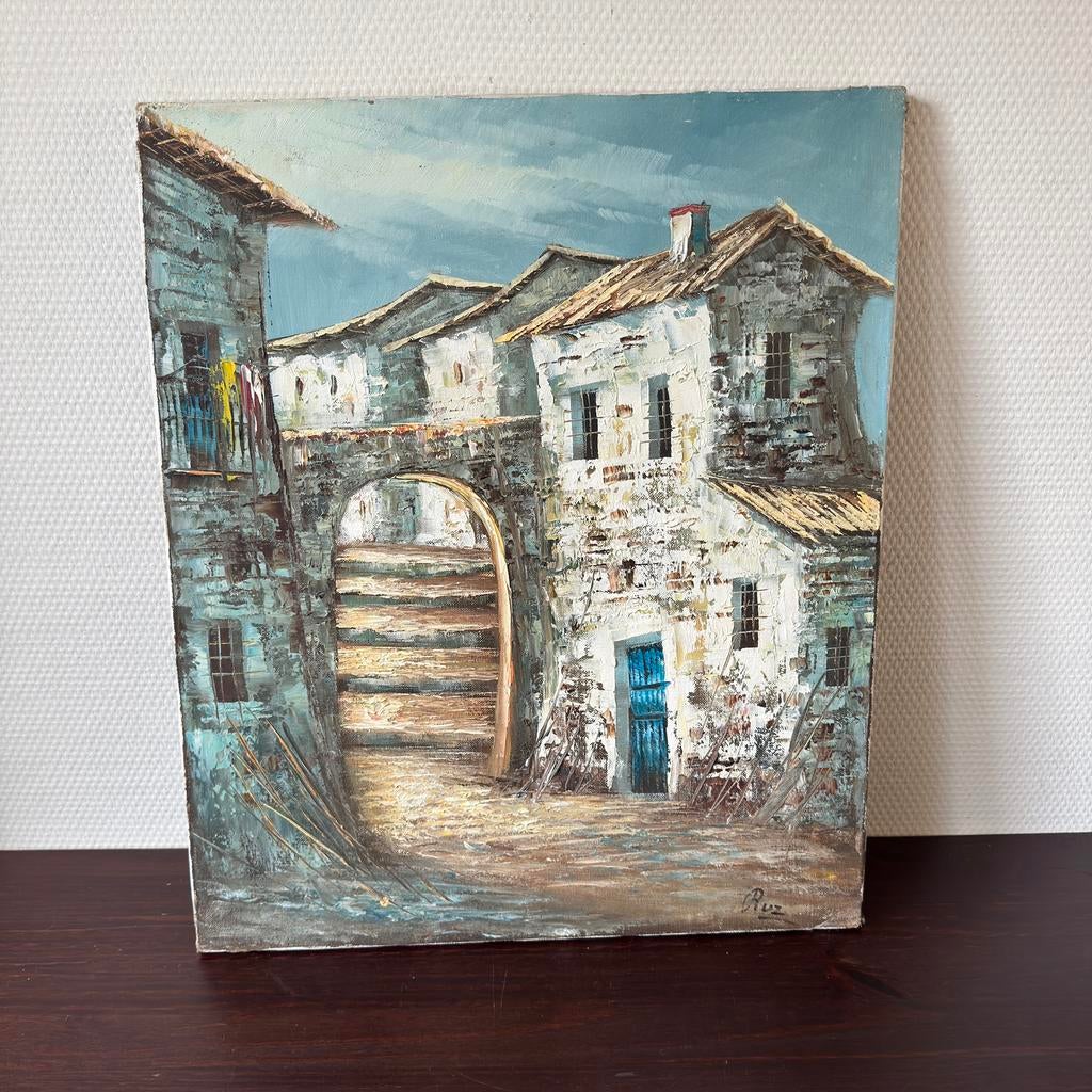 Mediterraans Olioeverf Schilderij, Stadgezicht, Witte Huizen, Ophalen of Verzenden