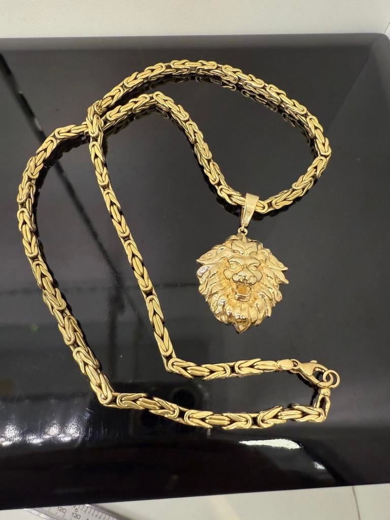 Prachtige 14 karaats gouden koningsketting met leeuw hanger, Ophalen of Verzenden, Goud