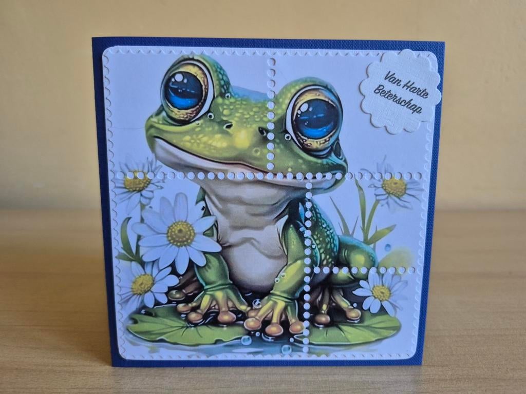 83a) zelfgemaakte kaart- kikker - 1(beterschap), Hobby en Vrije tijd, Ophalen of Verzenden, Nieuw, Kerst