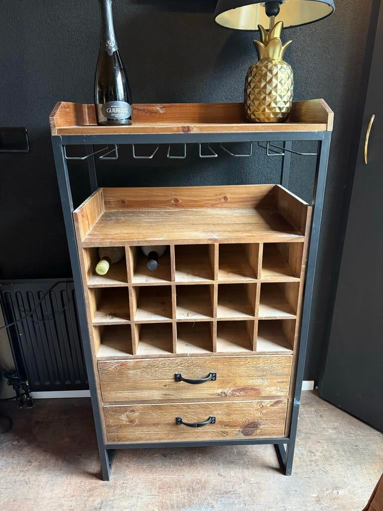 Wijnkastje met lades en glazenhouder, Huis en Inrichting, Woonaccessoires | Wijnrekken, Ophalen, Gebruikt, 15 tot 25 flessen, 75 cm of meer