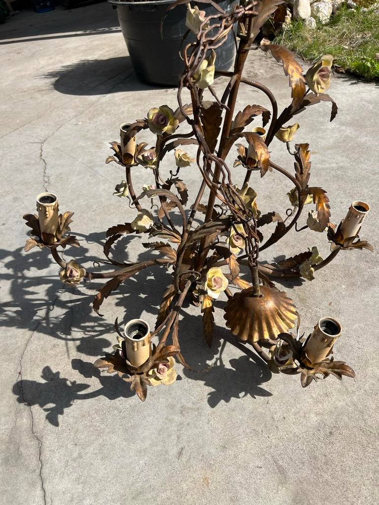 Vintage bladgoud Kroonluchter met keramieke bloemen, Ophalen of Verzenden