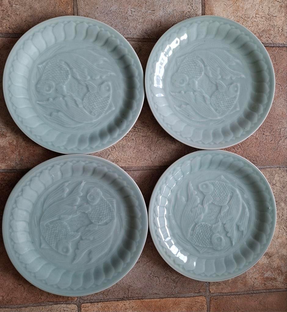 Set van 4 Chinese celadon borden met Koi vissen, Ophalen of Verzenden