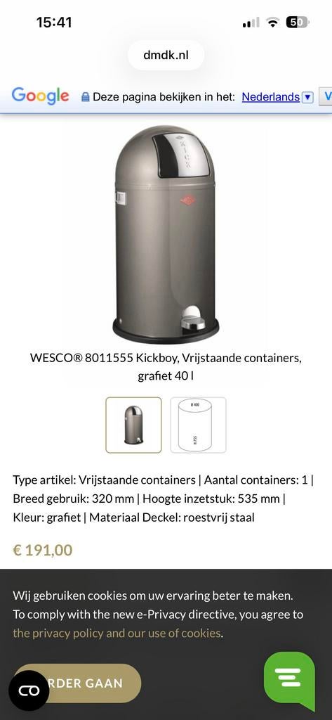 Wesco Kickboy prullenbak 40 Liter, Met pedaal, 40 liter of meer, Ophalen of Verzenden, Zo goed als nieuw
