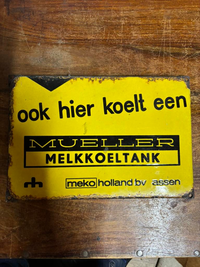 Emaille bord Mueller, Ophalen, Gebruikt, Reclamebord