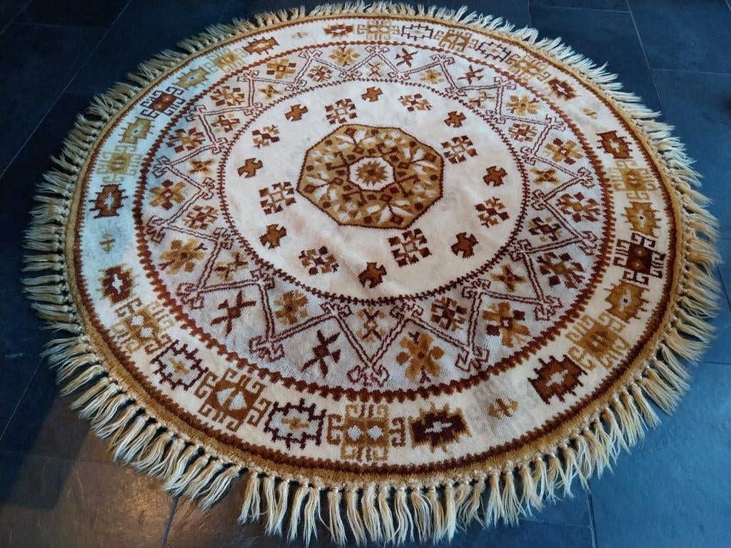 Vintage rond kleed wol, Retro vintage smyrna tafelkleed klassiek mancave, Rond, Ophalen of Verzenden, Zo goed als nieuw