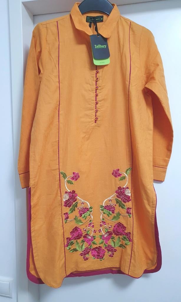 Nieuwe geborduurde tuniek jurk indiase kurta kameez katoen, Nieuw, Oranje, Ophalen of Verzenden, Maat 36 (S)
