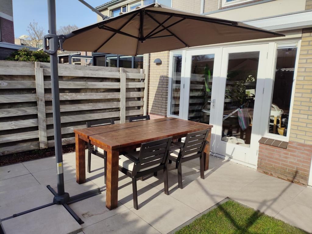 Hardhouten tuintafel met stoelen 200x100 cm, Ophalen, Gebruikt, Rechthoekig, Hout