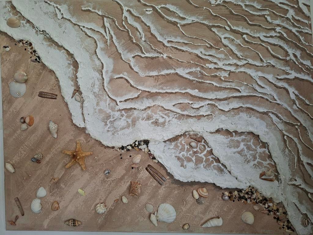 Schilderij met echte schelpen en zand - Strandtafereel, Antiek en Kunst, Ophalen