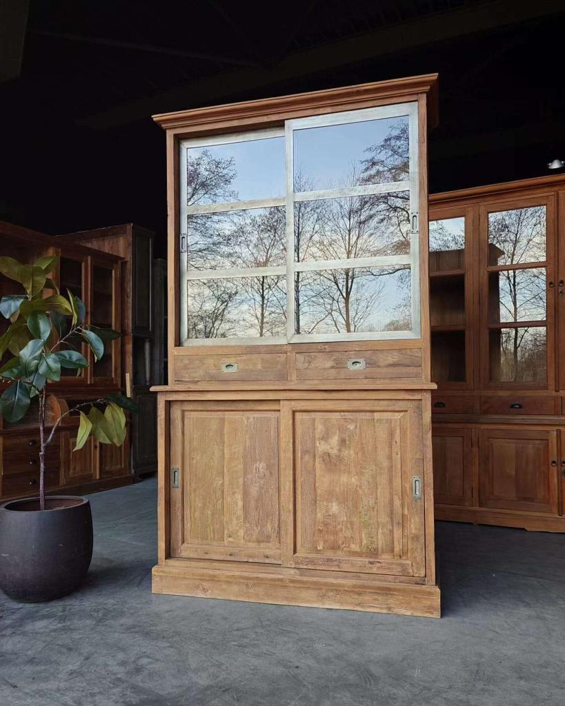 Stoere vitrinekast "Teakhout x Staal" | Buffetkast #2698, Niet ingevuld, Gebruikt, 200 cm of meer, Niet ingevuld