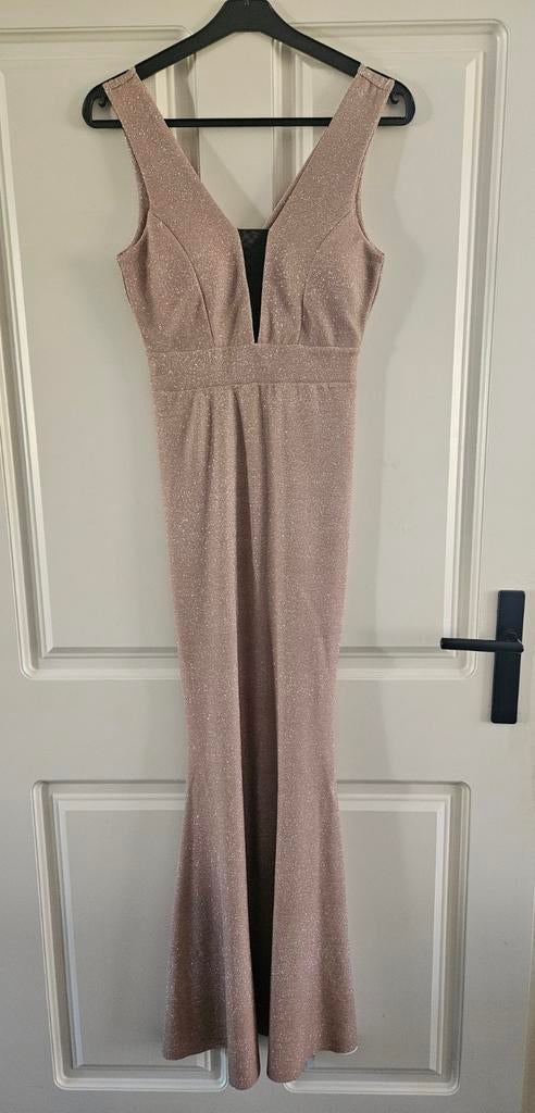 Elegante Galajurk met diepe V-hals en glitterstof, Galajurk, Ophalen of Verzenden, Roze, Maat 36 (S)
