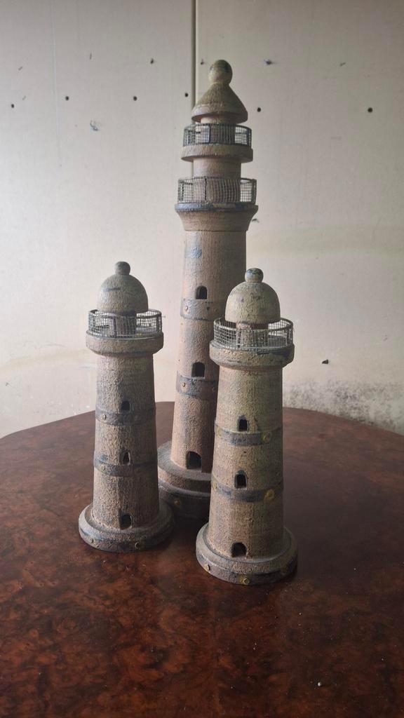 Set van 3 grote houten vuurtorens - Maritieme decoratie, Huis en Inrichting, Ophalen of Verzenden, Gebruikt