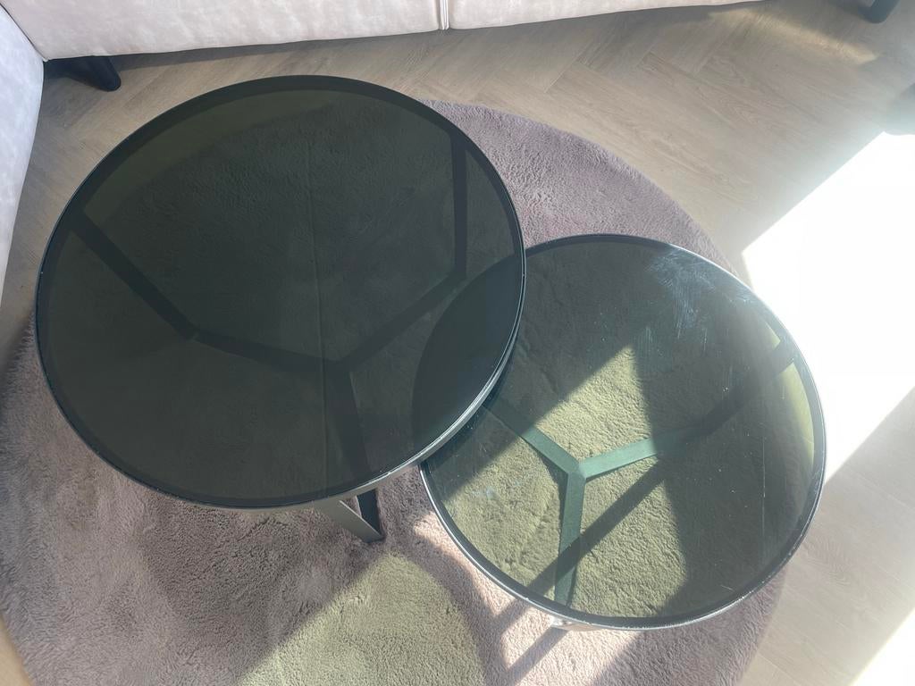 Salontafel set van twee ronde tafels, Gebruikt, Rond, Glas, Minder dan 50 cm