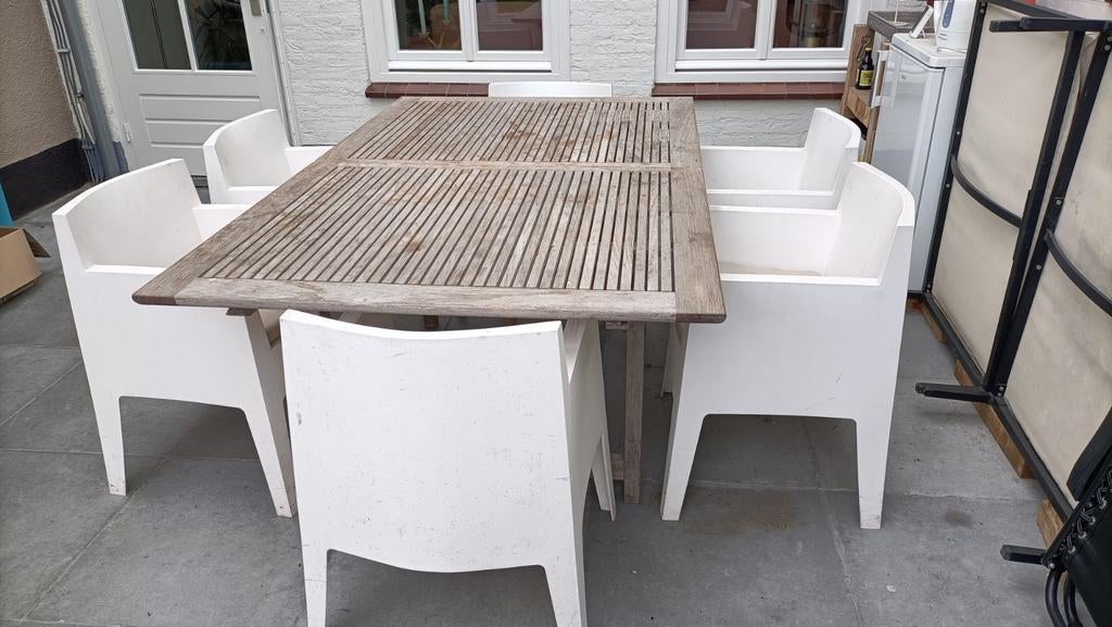 Tuinset met 6 Philip Starck Driade Toy stoelen, Ophalen, Gebruikt, 6 zitplaatsen, Teakhout