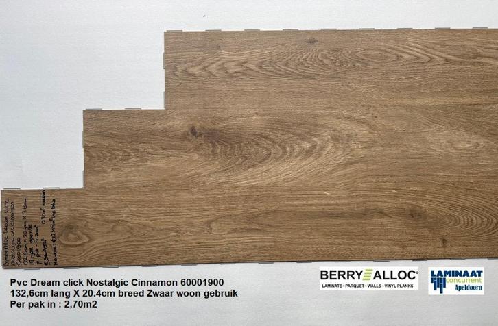 Pvc Dream Click Nostalgic Cinnamon €12,95p/m2 inc.btw, Huis en Inrichting, Stoffering | Vloerbedekking, Nieuw, Laminaat, Bruin