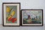 Set vintage ingelijste afbeeldingen: tulpen en molen, Antiek en Kunst, Ophalen of Verzenden