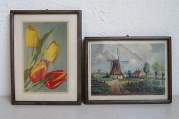 Set vintage ingelijste afbeeldingen: tulpen en molen beschikbaar voor biedingen