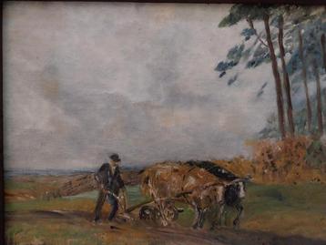 Olieverfwerkje boer ploegt met koeien..naief geschilderd.... beschikbaar voor biedingen