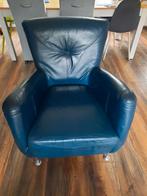 Mooie blauwe leren fauteuil, Ophalen, Gebruikt, 50 tot 75 cm