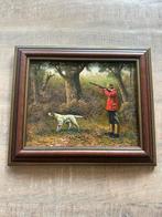 Vintage schilderij jachttafereel met hond, Ophalen of Verzenden