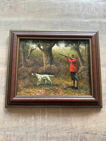 Vintage schilderij jachttafereel met hond beschikbaar voor biedingen