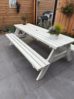 Grote, witte picknicktafel (220cm) inclusief nieuwe kussens, Ophalen, Gebruikt, 8 zitplaatsen, Tuinset