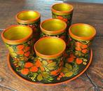 Unieke handgeschilderde Khokhloma set – 6 bekers + dienblad, Ophalen of Verzenden