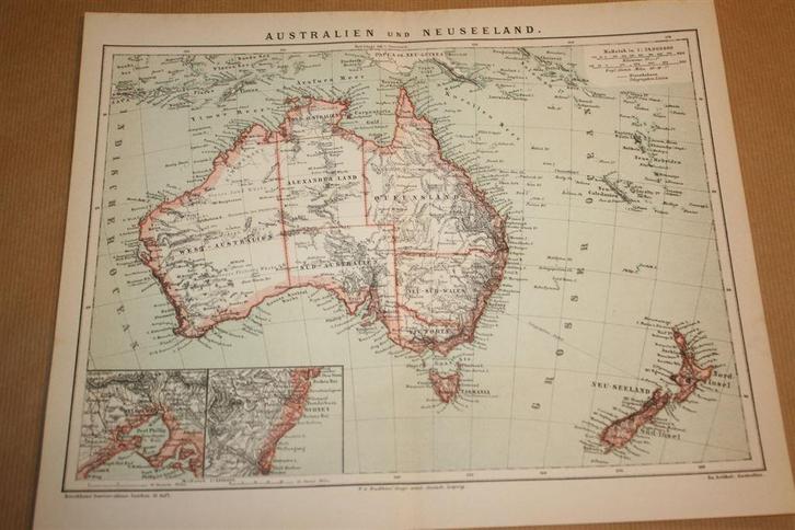 Antieke kaart - Australië en Nieuw-Zeeland - Ca 1885 !!, Boeken, Atlassen en Landkaarten, Gelezen, Landkaart, Wereld, 1800 tot 2000