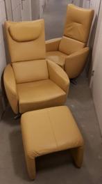 Leer fauteuils (2) met voetenbankje, terracotta, merk Geolux, Huis en Inrichting, Ophalen, Minder dan 75 cm, Zo goed als nieuw
