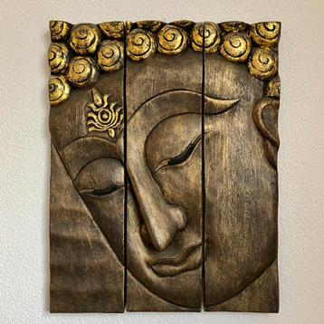 Boeddha paneel 3-luik van hout met goudverf - 51 x 40 x 3cm