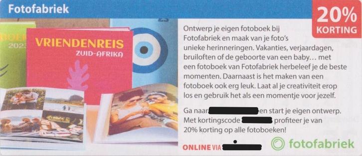 Fotofabriek. 20% korting. Postcodeloterij kortingsbon., Tickets en Kaartjes, Kortingen en Cadeaubonnen, Eén persoon, Warenhuis- of Winkelbon
