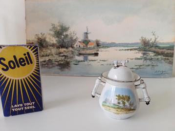 Oud suikerpotje met landschap decoratie beschikbaar voor biedingen