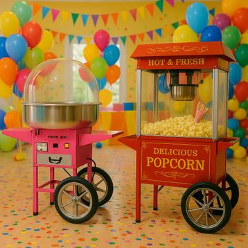 Popcornmachine, suikerspinmachine en limonadefontein te huur beschikbaar voor biedingen