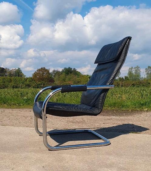 Vintage tubular zwart leren Deense stoel, Huis en Inrichting, Fauteuils, Zo goed als nieuw, Ophalen