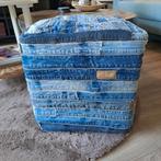 Stoere poef van spijkerstof, Overige materialen, Gebruikt, 50 tot 60 cm, 45 tot 55 cm