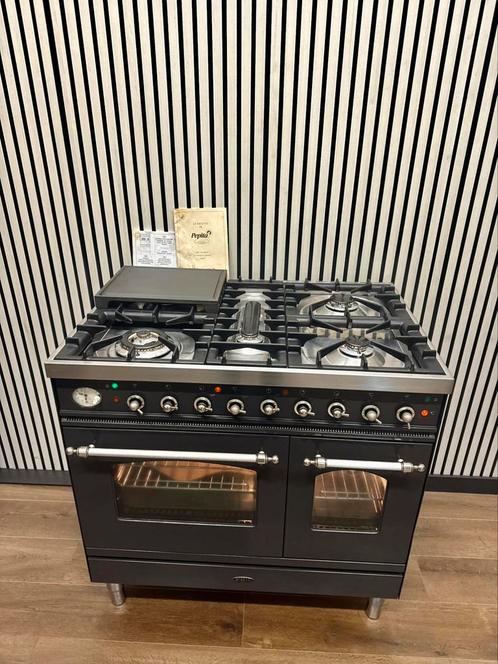 Luxe Fornuis Boretti 5 pits antraciet met dubbele oven 90 cm, Witgoed en Apparatuur, Fornuizen, Zo goed als nieuw, Vrijstaand