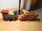 Vintage houten locomotief met drie aanhangers, Antiek en Kunst, Ophalen of Verzenden