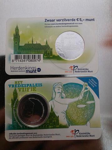 2 stuks 5 Euro Herdenkingsmunten Vredespaleis - Zilver beschikbaar voor biedingen