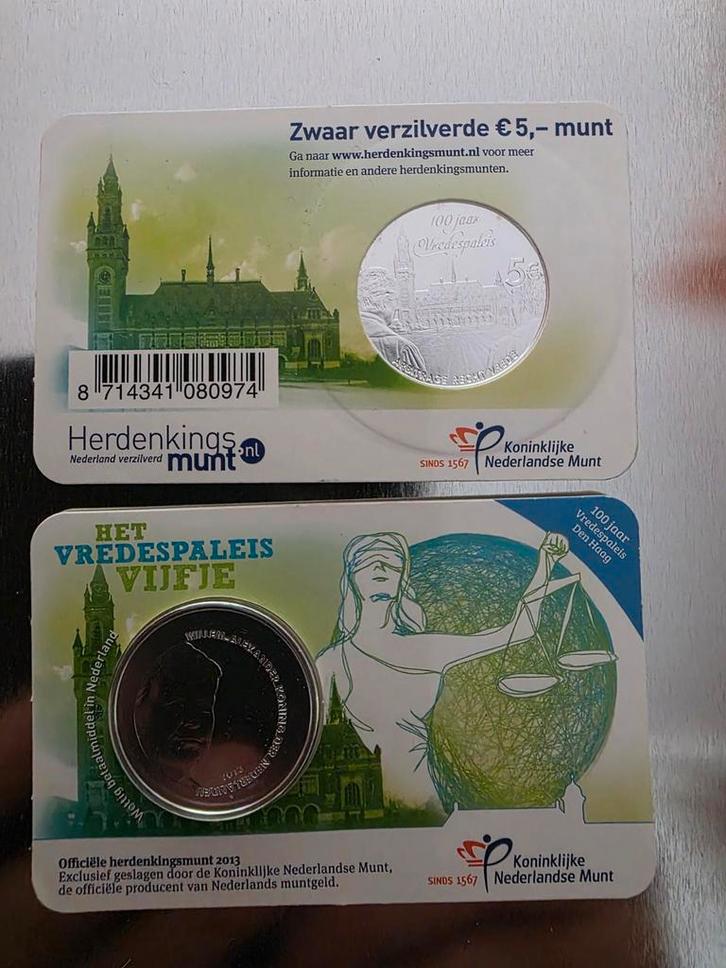 2 stuks 5 Euro Herdenkingsmunten Vredespaleis - Zilver, Postzegels en Munten, Munten | Nederland, Losse munt, Euro's, Koningin Beatrix