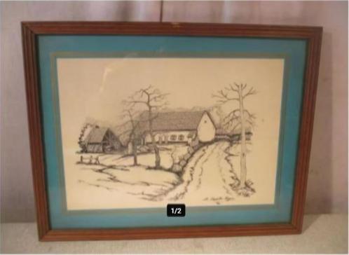Mooie Tekening 'Hoeve met Boom' - De Gruyter Hugo, Antiek en Kunst, Kunst | Tekeningen en Foto's, Ophalen of Verzenden