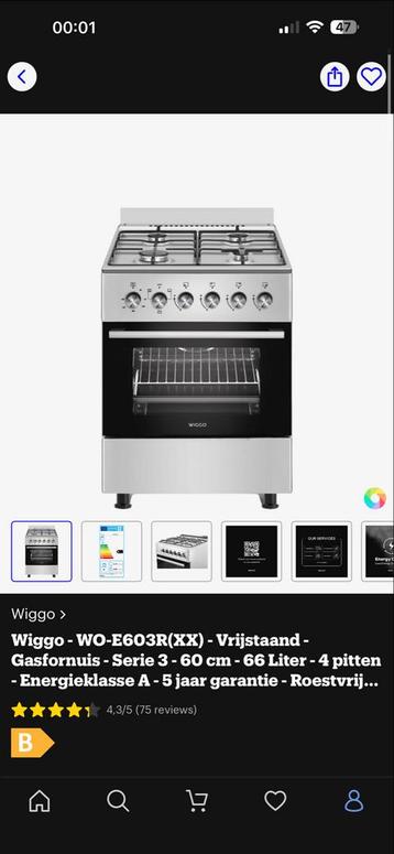 Gasfornuis - Wiggo WO-E603R(XX) - Vrijstaand - Energieklasse beschikbaar voor biedingen