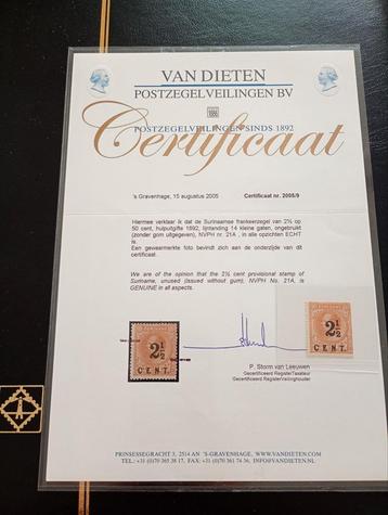 Suriname nvph 21A met certificaat  beschikbaar voor biedingen