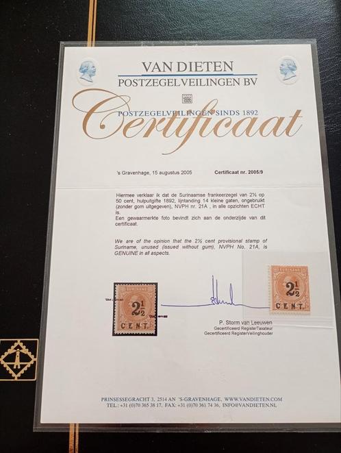 Suriname nvph 21A met certificaat, Postzegels en Munten, Postzegels | Suriname, Postfris, Ophalen of Verzenden