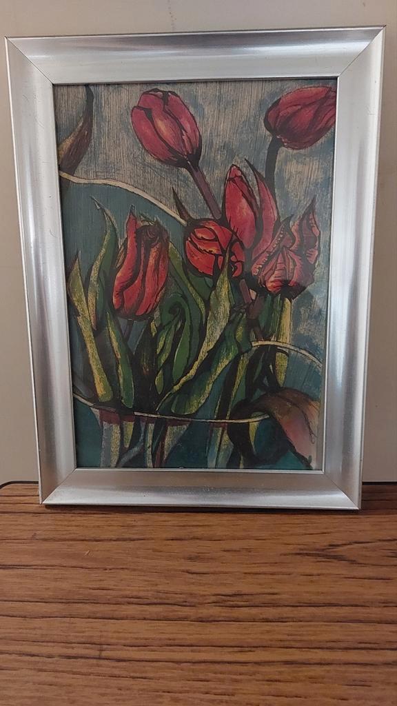 Tulpen Schilderij met Zilverkleurige Lijst a4 formaat, Antiek en Kunst, Kunst | Schilderijen | Klassiek, Ophalen