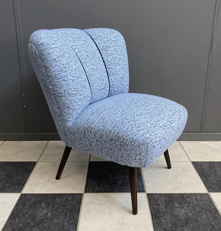 50 jaren fauteuil licht blauwe zwart gemêleerd wollen stof, Huis en Inrichting, Fauteuils, Gebruikt, Hout, Stof, 50 tot 75 cm