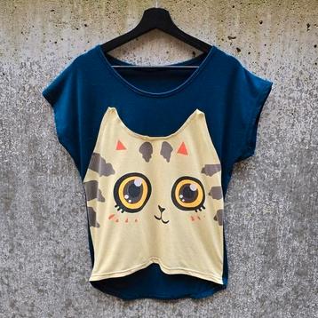 Geel blauw tshirt met katten print one size fits all beschikbaar voor biedingen