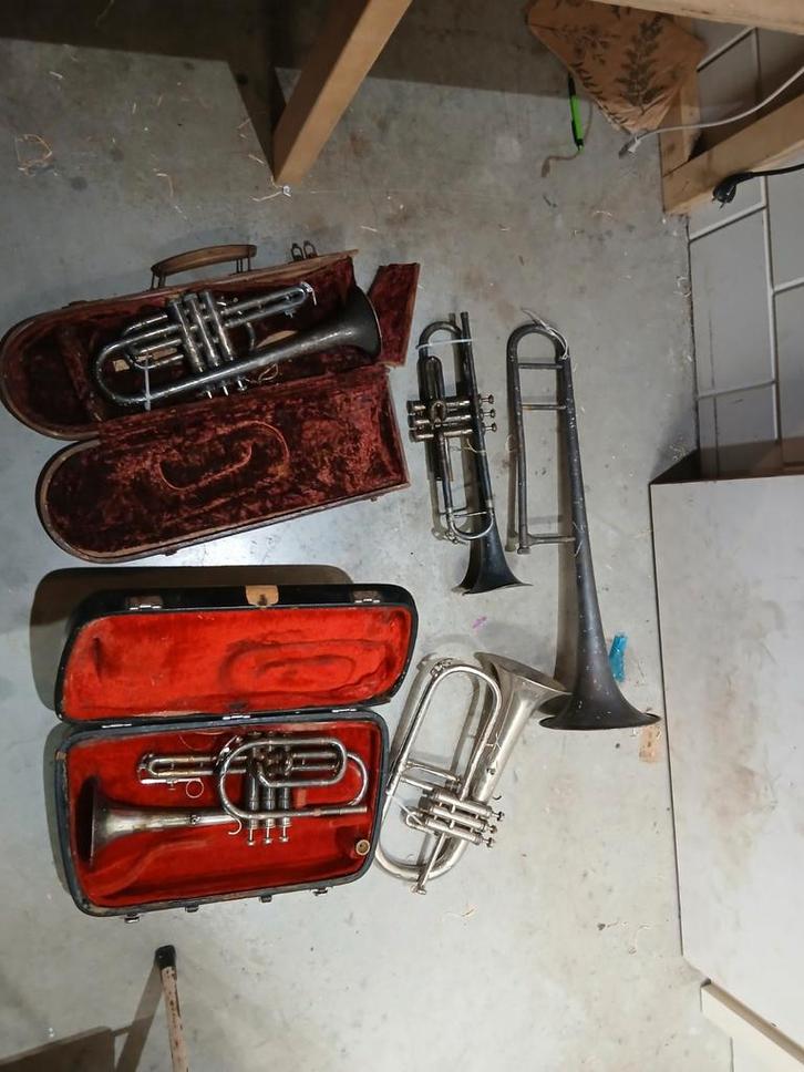 Oude Muziekinstrumenten in Kist, Muziek en Instrumenten, Overige Muziek en Instrumenten, Gebruikt, Ophalen