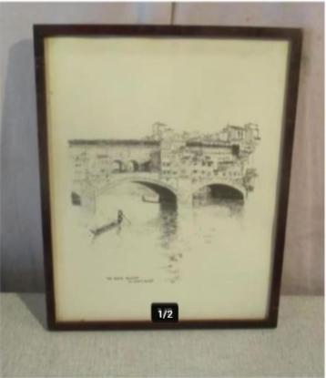 Prachtige Pentekening 'Firenze - Ponte Vecchio' - gesign beschikbaar voor biedingen