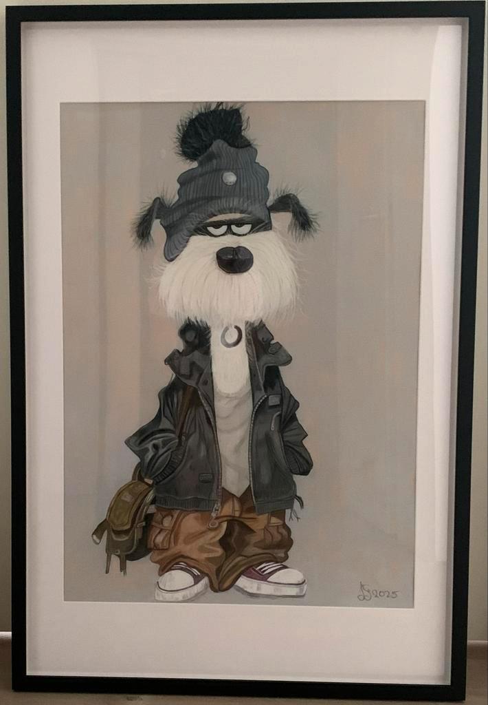 Pastel Tekening - Hond met Jas, Antiek en Kunst, Kunst | Tekeningen en Foto's, Ophalen